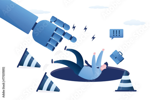 Human failure, mistake causing troubles. AI to disrupt human work. Artificial intelligence impact or challenge, job uncertainty future, innovation effect