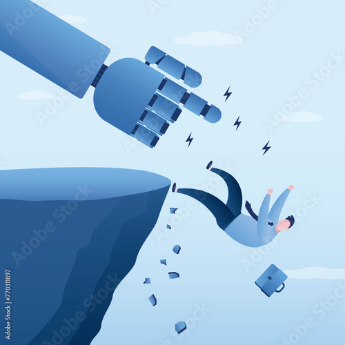 Human failure, mistake causing troubles. AI to disrupt human work. Artificial intelligence impact or challenge, innovation effect. AI robot arm push businessman falling down