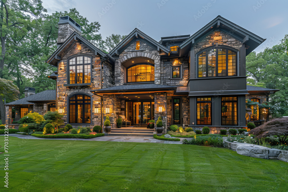 A large, dark grey stone and wood house with black trim on the windows, surrounded by lush green grass in front of it, with a beautifully lit garden at night. Created with Ai