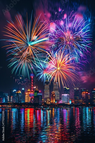 A vibrant night celebration in the city, illuminated by the spectacular dance of fireworks © Saran