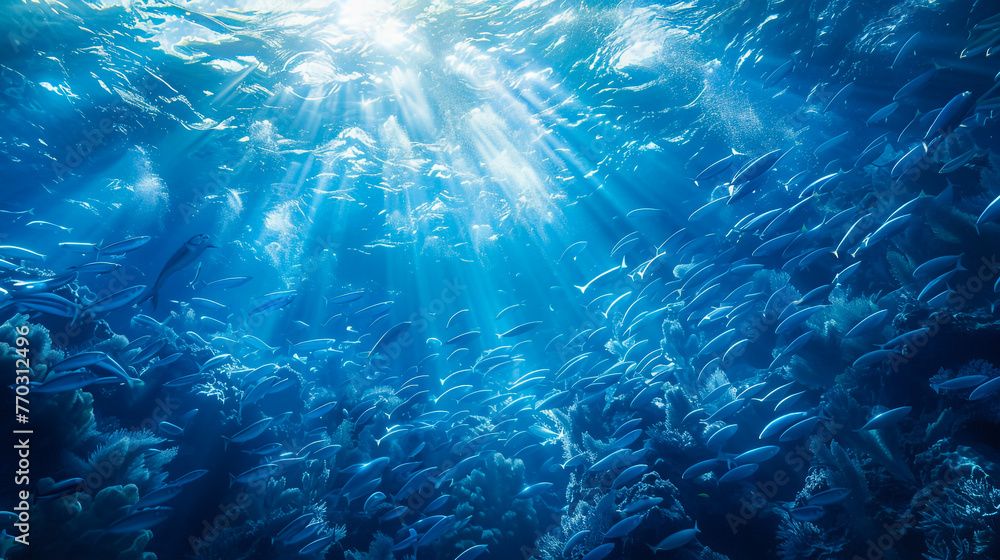 underwater coral reef landscape wide panorama background in the deep blue ocean with colorful fish and marine life