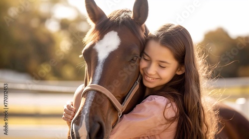 Sincerely happy hugs between a child and a horse. Children's development improves when interacting with animals. Animals are our friends who help create warm feelings and affection.
