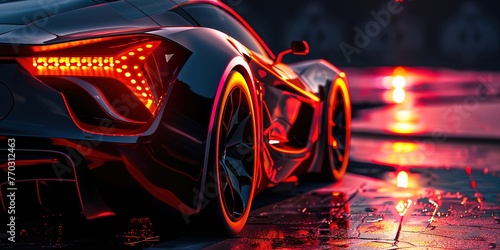 A sleek electric sports car with glowing red lights on a wet street at twilight.