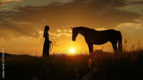 Beautiful landscape at sunset with a horse and women opposite each other. Unity of man, animal and nature in the village on the farm