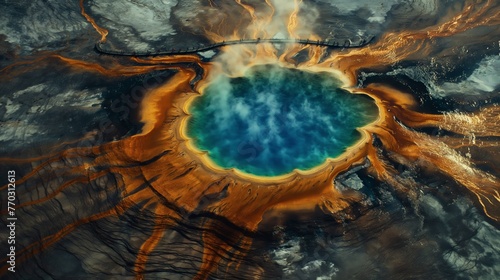 A vibrant aerial shot of the Grand Prismatic Spring showcasing its stunning colors and geological beauty.