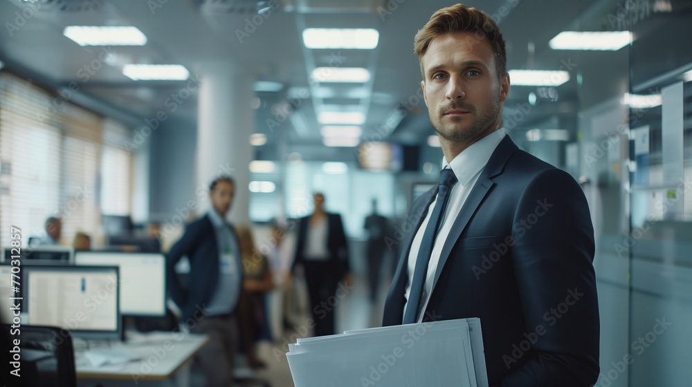 Organization and planning: manager at the center of business activity. Handsome professional man with documents goes to employees to solve and improve business Organization and planning: manager at the center of business activity. Handsome professional man with documents goes to employees to solve and improve business