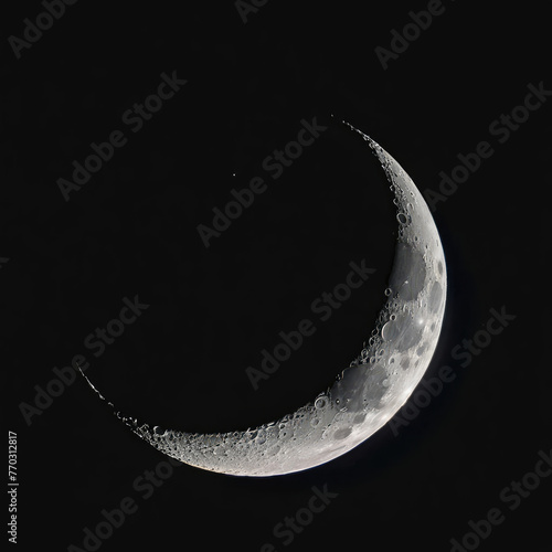 Detailed Crescent Moon in the night sky. Crescent Moon on black background with space for Ramadan theme. photo