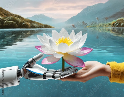 A robot hand and a human hand coming together, each holding one half of a blooming lotus flower photo