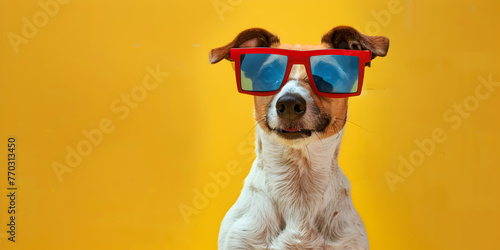 A dog wearing sunglasses with yellow background