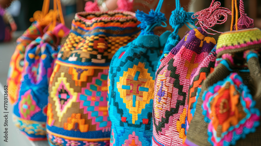 Bright and colorful woven bags hanging, showcasing traditional artisan craftsmanship