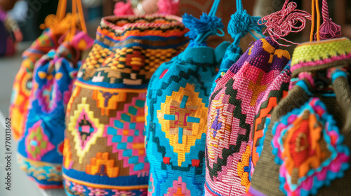 Bright and colorful woven bags hanging  showcasing traditional artisan craftsmanship