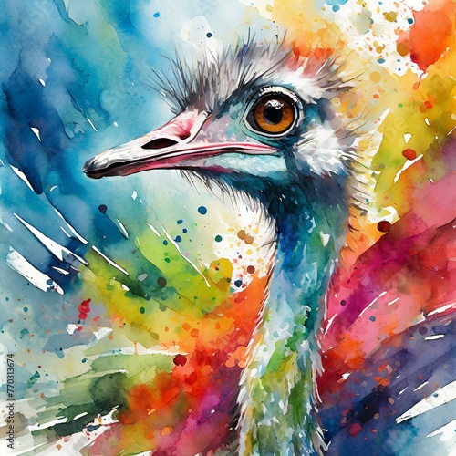 close up of an ostrich.a dynamic wall watercolor piece showcasing the long, graceful neck of an ostrich in a modern, abstract composition, with expressive brushwork and vibrant splashes of color captu