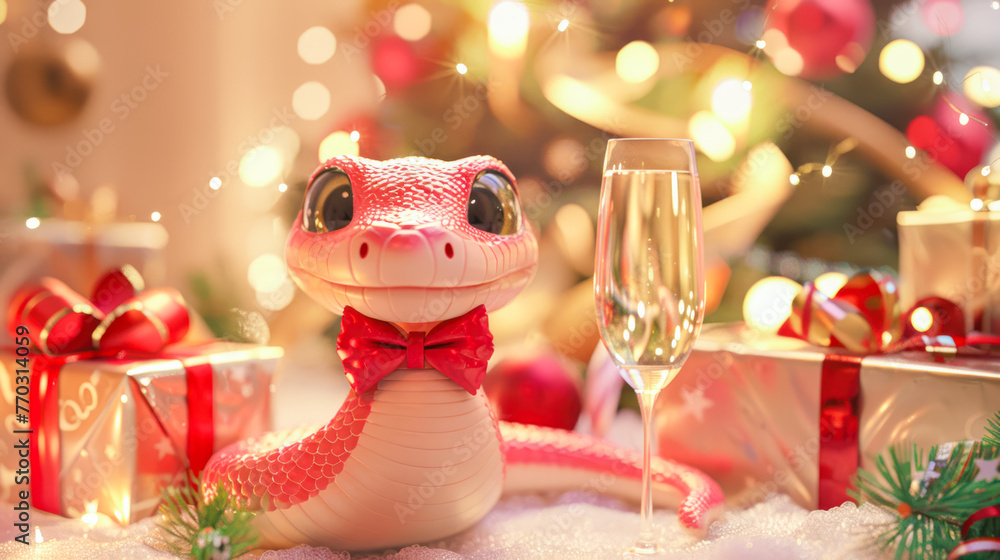 A cute smiling cartoon mint snake with expressive eyes with Champagne glass sits next to Christmas gift boxes. Symbol of the 2025 New year funny snake illustration for calendar, greeting card design