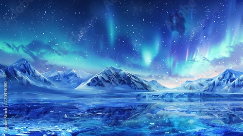 aurora borealis over north sea and arctic snowy mountains, starry night, beautiful calm nature background