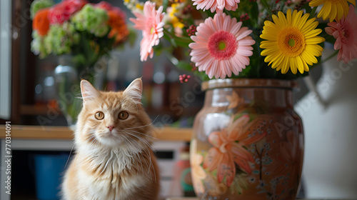 a cat sitting on a table next to a vase of flowers A striped fluffy cat sits on a table next to a vase with hydrangea in the garden. Autumn still life, Generative Ai