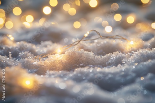 Beautiful background image with small snowdrifts close-up and blurry holiday lights