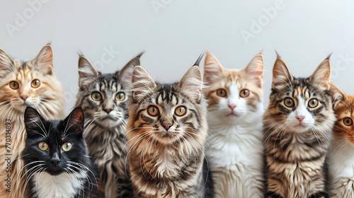 A pack of cats of varying breeds and sizes face the viewer, thousand cats, a lot cats looking to camera, GENERATIVE AI