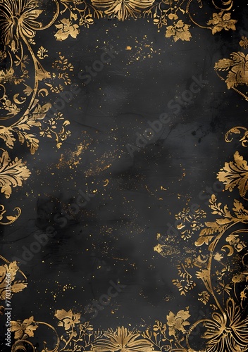 black background with gold baroque patterns framing the edges