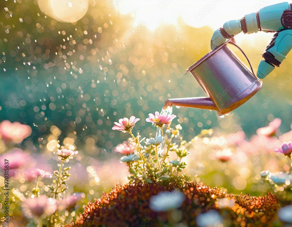 A robot hand using a tiny watering can to nurture a small patch of wildflowers, highlighting the potential for AI to contribute to conservation efforts, with a focus on the water droplets and blossoms - obrazy, fototapety, plakaty 