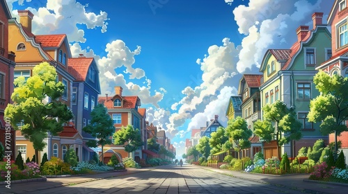 illustration of a friendly neighbourhood, colorful town houses, nice streets, blue sky with fluffy white clouds