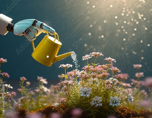 A robot hand using a tiny watering can to nurture a small patch of wildflowers, highlighting the potential for AI to contribute to conservation efforts, with a focus on the water droplets and blossoms