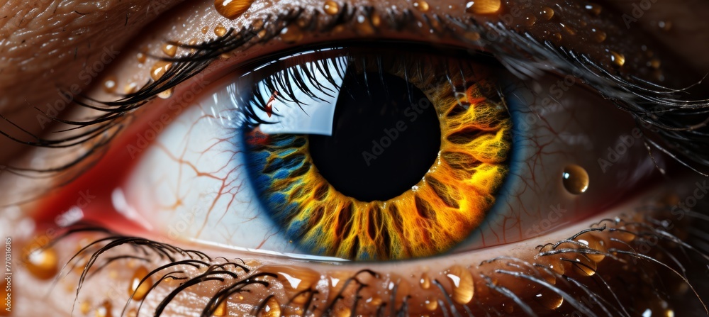 A close up of a human eye with vibrant paint and ink splashes adorning the surrounding area