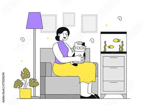 Woman with kitten vector linear
