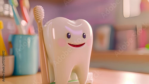Aa toothbrush and a smiling tooth against a background of toothbrushes. The concept of oral care and a joyful lifestyle. photo