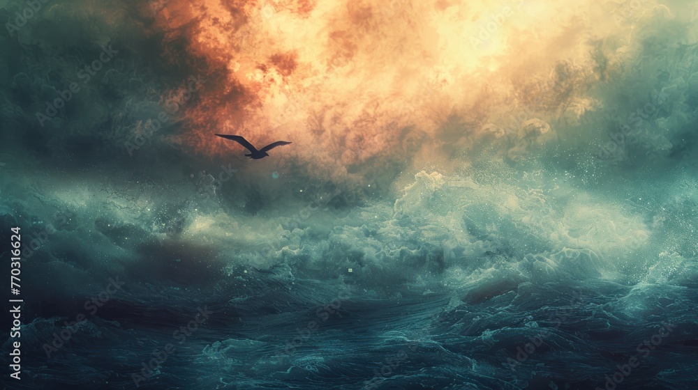 Digital art of a powerful ocean storm with a solitary bird flying against a fiery cloud backdrop, evoking a sense of freedom and wildness. Digital art of a powerful ocean storm with a solitary bird flying against a fiery cloud backdrop, evoking a sense of freedom and wildness.