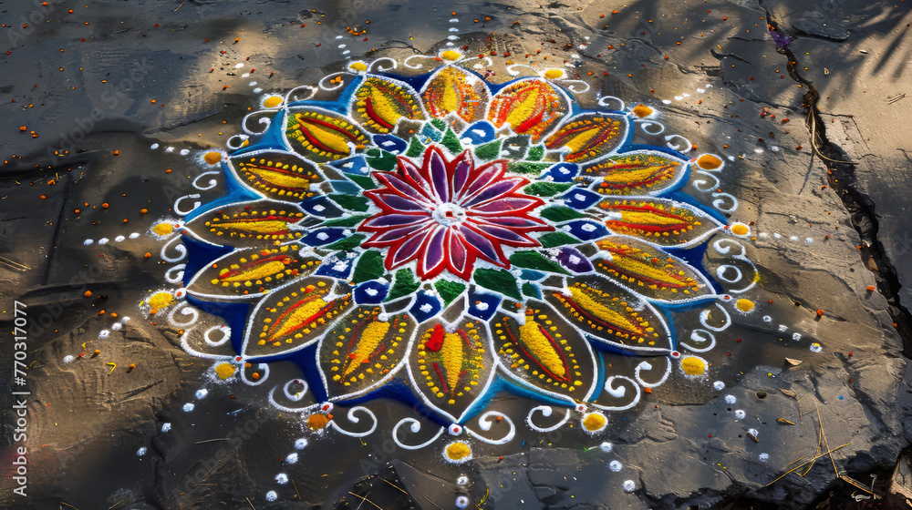 Fototapeta premium A vibrant rangoli design made with flower petals and colored powder on a sunny day showcasing traditional Indian art