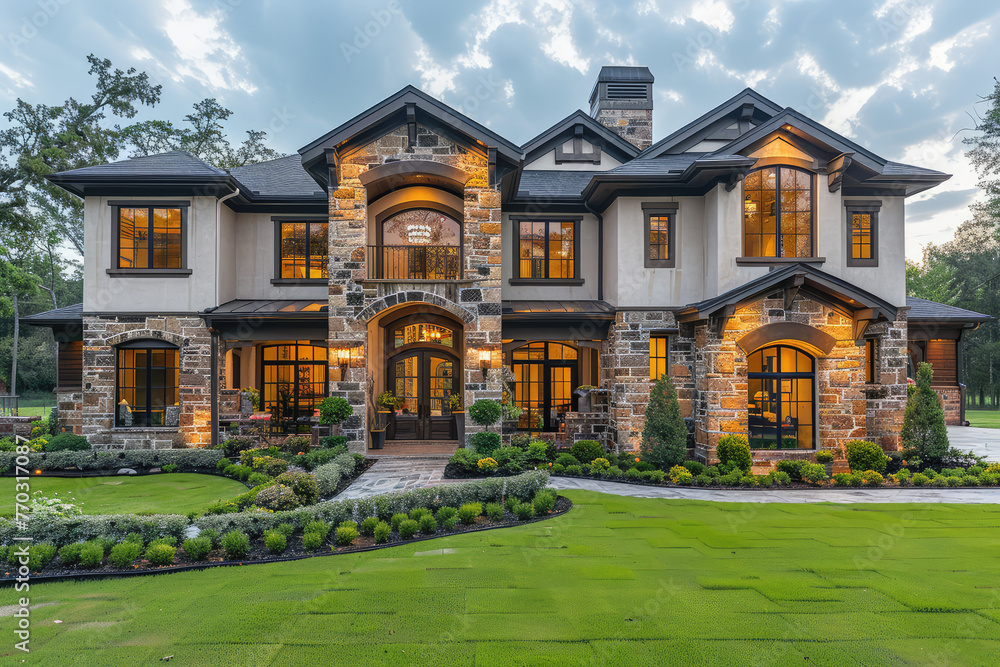 A large, elegant two-story French country house with an exterior of light grey stone and black trim, featuring dark windows and glass accents. Created with Ai