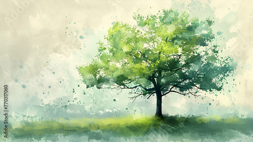 Watercolor set with cartoon tree, green grass lawn and bushes isolated on white background. Watercolor hand drawn illustration sketch, Generative Ai © ammar