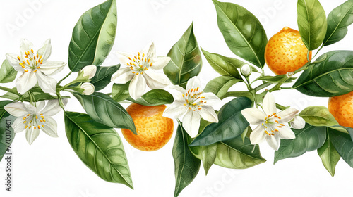botanical illustration of Citrus Auran Antique nature color image: Erythroxylon coca Citrus aurantium Bitter orange, Seville orange, sour orange, Generative Ai photo