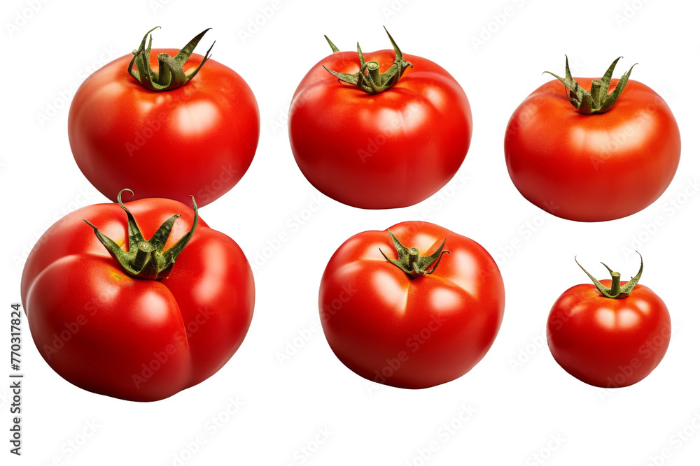Group of Six Tomatoes on White Background. On a White or Clear Surface PNG Transparent Background. Group of Six Tomatoes on White Background. On a White or Clear Surface PNG Transparent Background.