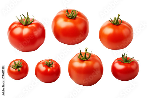 Group of Nine Tomatoes on White Background. On a White or Clear Surface PNG Transparent Background.