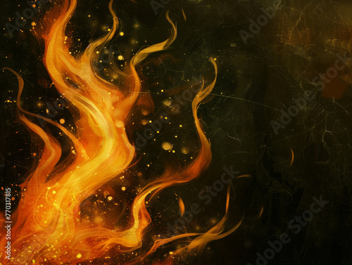A painting of a fire with a dark background. The fire is depicted as a long, thin flame with a lot of smoke and sparks. The mood of the painting is intense and dramatic