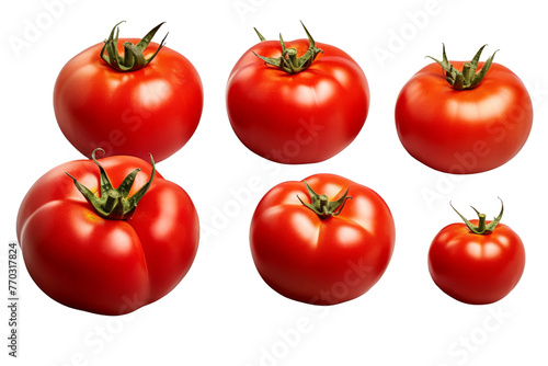 Group of Six Tomatoes on White Background. On a White or Clear Surface PNG Transparent Background.