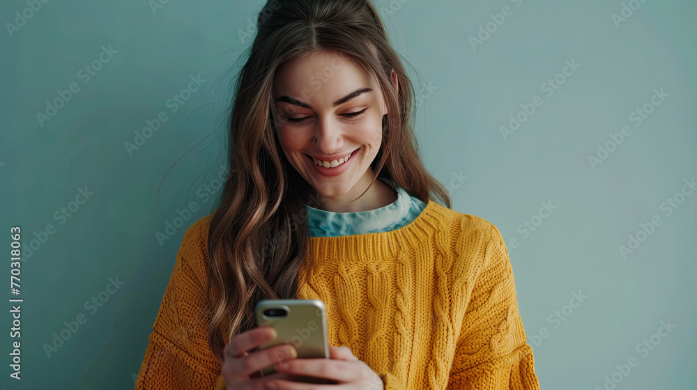 Smiling young woman typing text message on her smartphone Smiling young woman typing text message on her smartphone