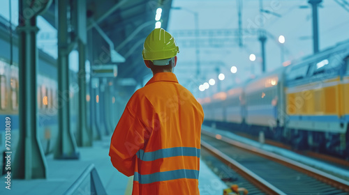 a man wearing orange safety gear is standing at the railroad tracks