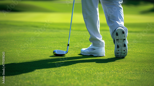 a man picking his golf club and walking across a golf course photo