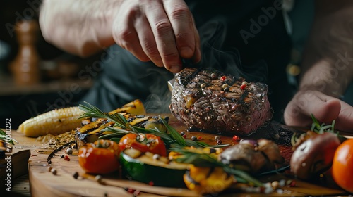 Male Chef Preparing Juicy Beef Steak and Grilled Vegetables: Male chef prepares and serves delicious medium-rare steak and grilled vegetables. Healthy and special foods are prepared in a professional 