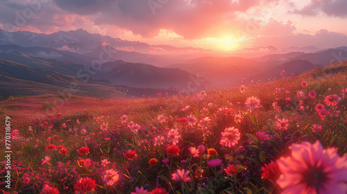 Sunset in the mountains with pink flowers. Created with Ai