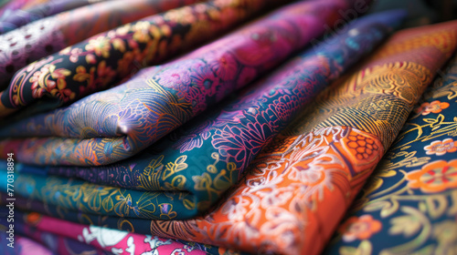 Close-up of a collection of decorative patterned fabrics showcasing intricate designs and textures