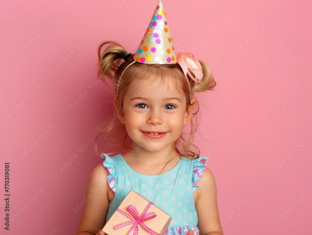 Happy little girl in a party hat with a gift in her hand on a studio plain background. AI generative