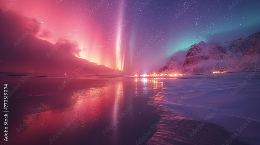 Aurora borealis over the sea, snowy mountains and city lights at night. Northern lights in Lofoten islands, Norway. Starry sky with polar lights. Winter landscape with aurora, reflection, sandy beach.