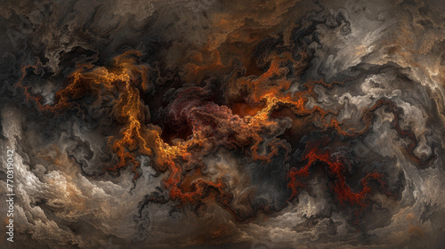 A painting of a fiery, swirling cloud of smoke and fire. The colors are dark and intense, creating a mood of chaos and destruction. The painting is abstract, with no clear subject or focal point