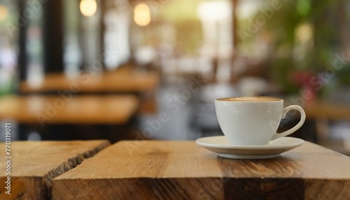 Coffeehouse Comfort: Selective Focus on Wooden Table in Café Scene