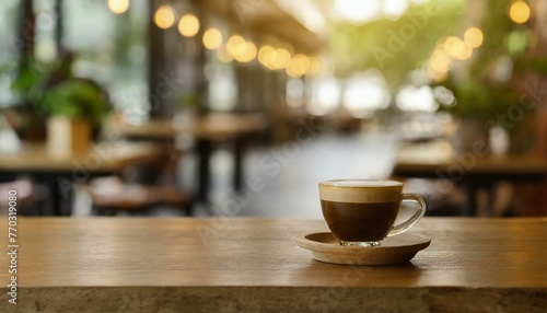 Relaxed Caf   Setting  Blurred Interior with Focus on Wooden Table