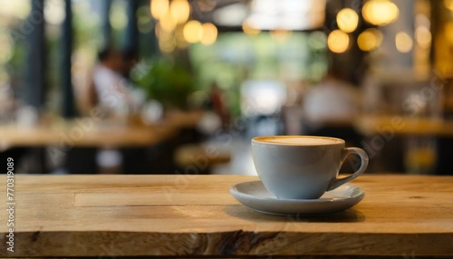 Inviting Atmosphere: Selective Focus on Wooden Table in Café Setting