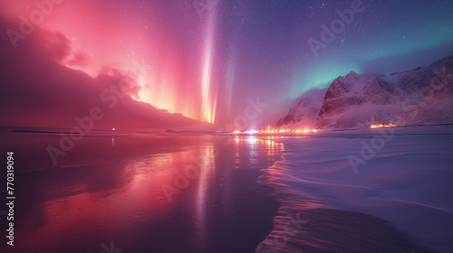 Aurora borealis over the sea  snowy mountains and city lights at night. Northern lights in Lofoten islands  Norway. Starry sky with polar lights. Winter landscape with aurora  reflection  sandy beach.